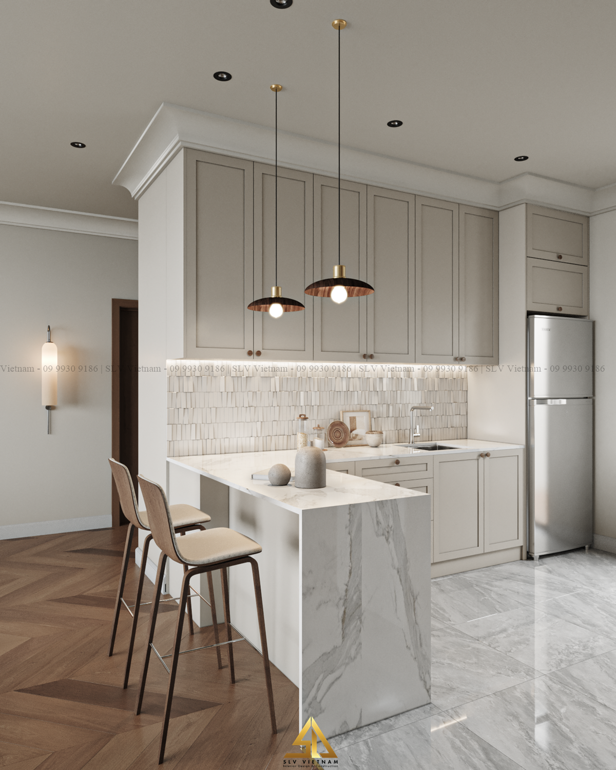 Thi công nội thất nhà bếp tone màu trắng chủ đạo mang lại cảm giác hiện đại (Nguồn ảnh: SLV Vietnam)