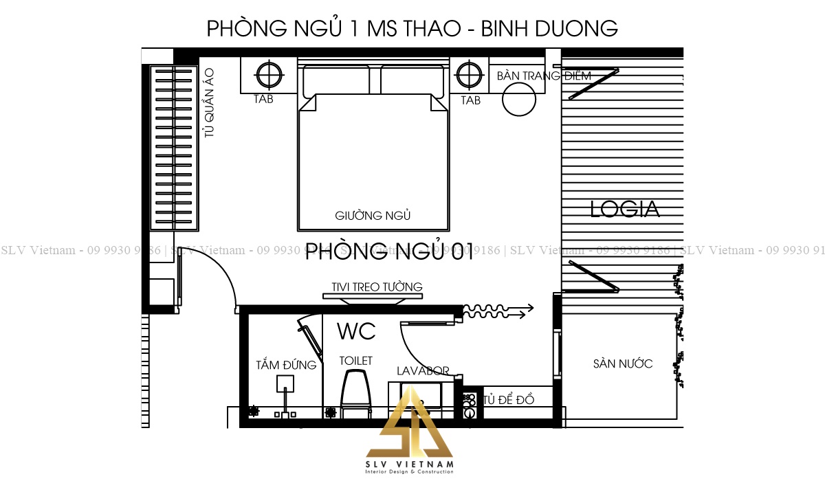 Bản vẽ phòng ngủ bố trí nội thất hợp lý (Dự án của SLV Vietnam)