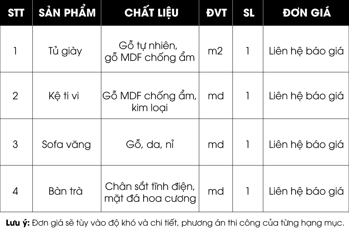Bảng giá thi công nội thất phòng khách của SLV Vietnam