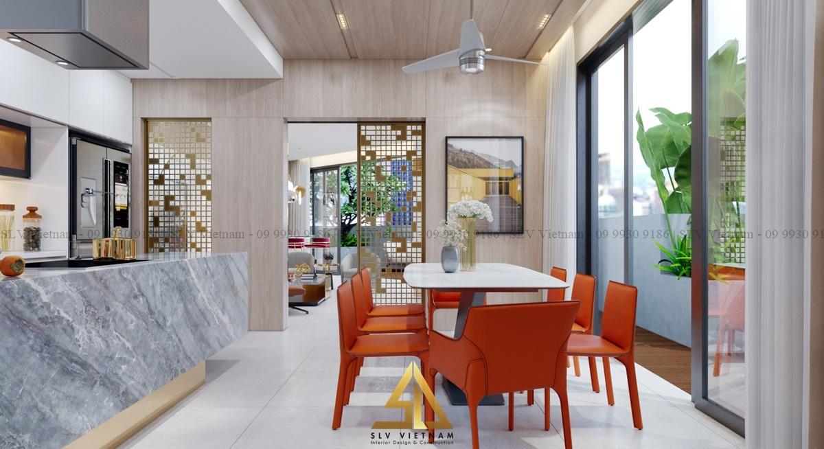 Bộ bàn ghế ăn màu cam làm điểm nhấn cho phòng bếp hiện đại(Dự án của SLV Vietnam)