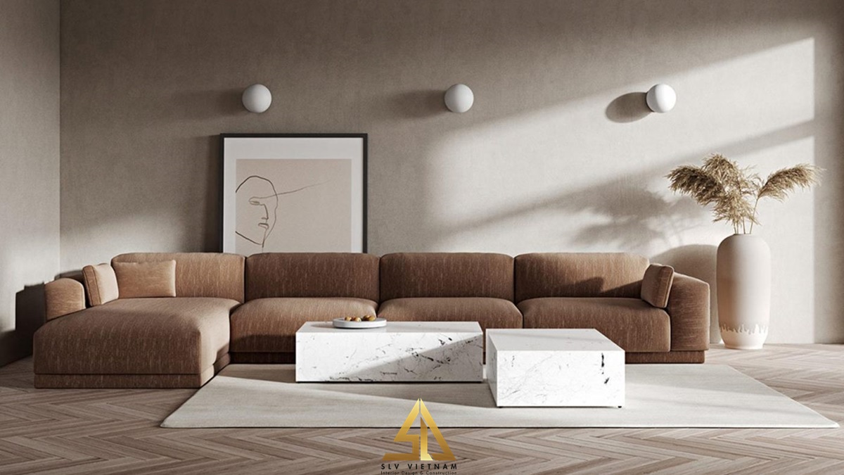 Bộ ghế sofa nâu làm điểm nhấn cho phòng khách tối giản (Nguồn ảnh: sưu tầm)