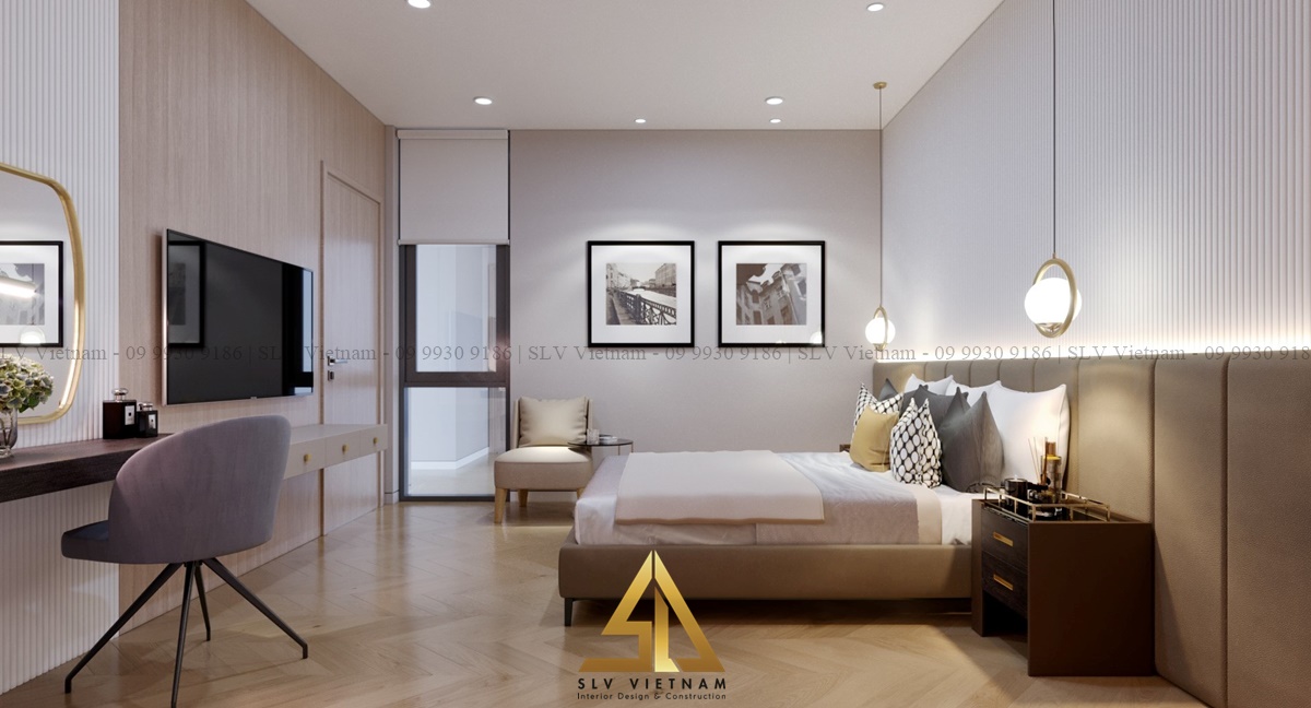 Bố trí nội thất phòng ngủ 20m2 với ánh sáng đèn mang lại cảm giác ấm áp (Dự án của SLV Vietnam)