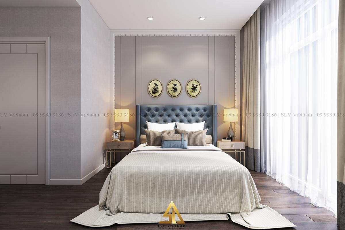 Bố trí nội thất phòng ngủ 16m2 giường theo bố cục đối xứng (Nguồn ảnh: SLV Vietnam)