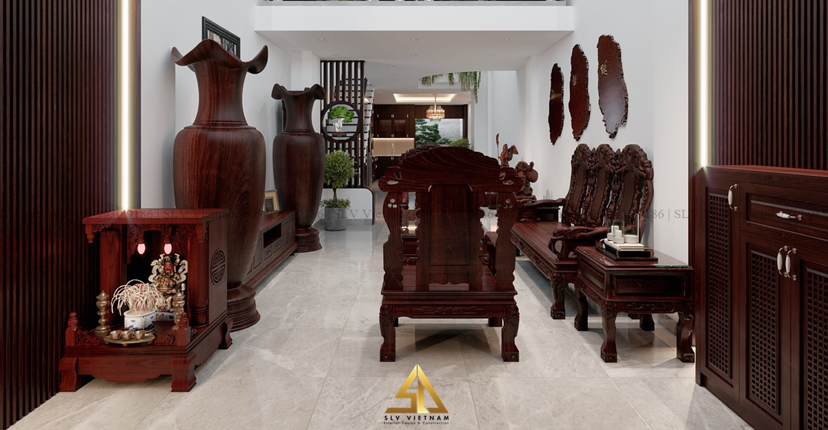 Cầu thang giúp phân chia khu vực phòng khách và bếp