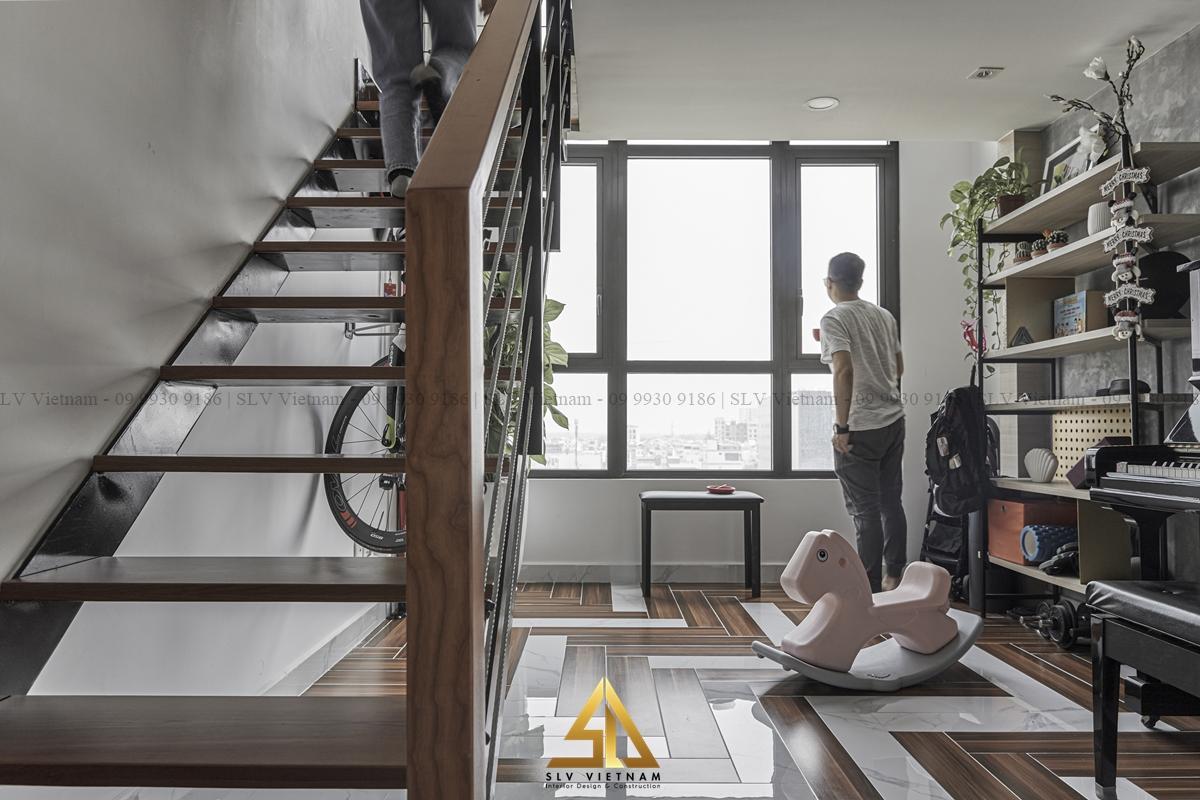 Cầu thang sắt kết hợp gỗ tự nhiên