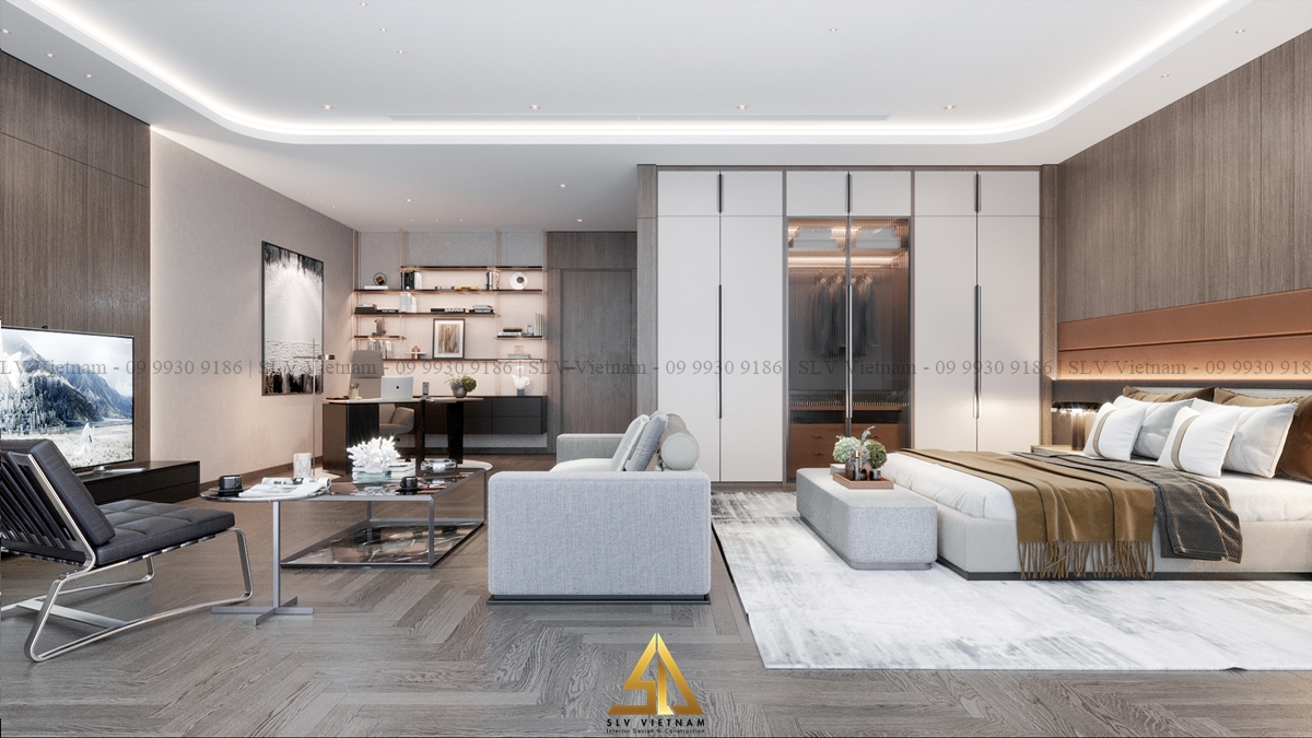 Đặt bàn ghế sofa trong phòng ngủ diện tích lớn (Nguồn ảnh: SLV Vietnam)