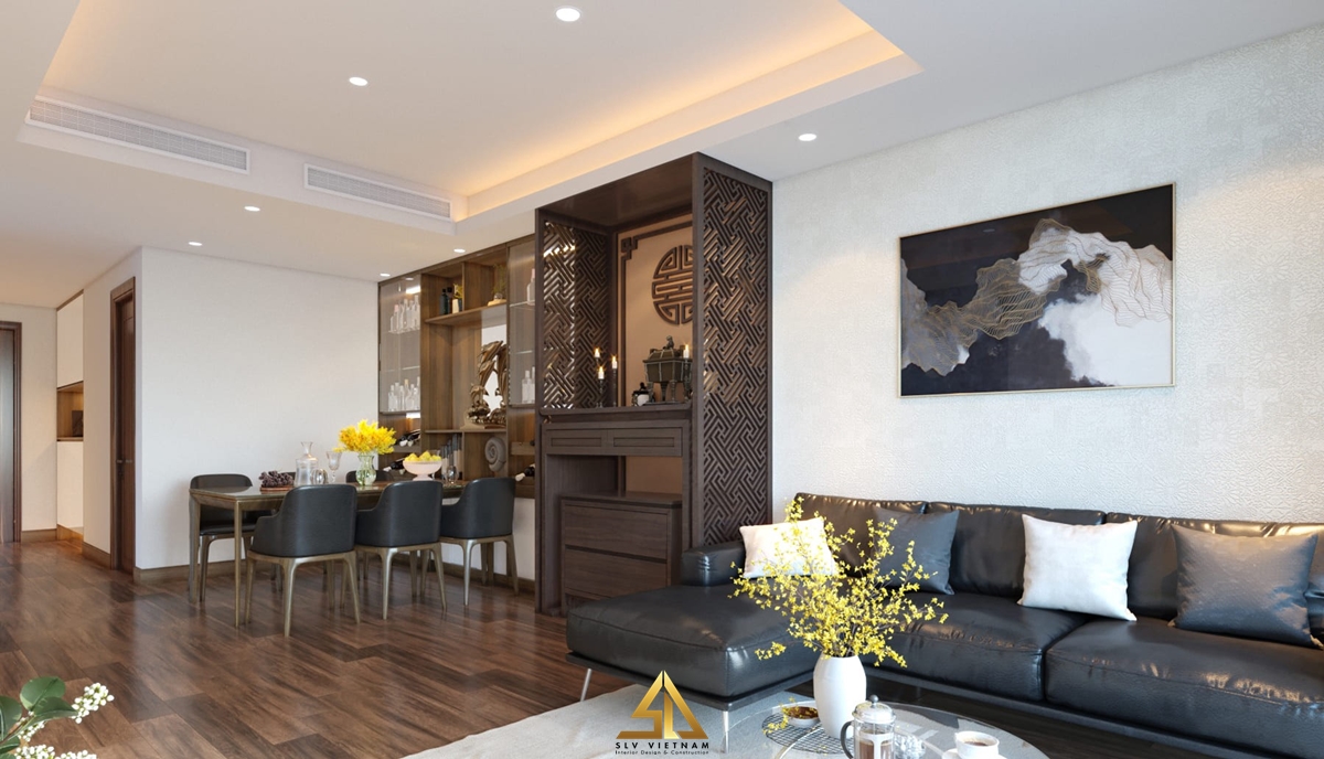 Mẫu vách ngăn giữa phòng khách và phòng bếp có đặt bàn thờ