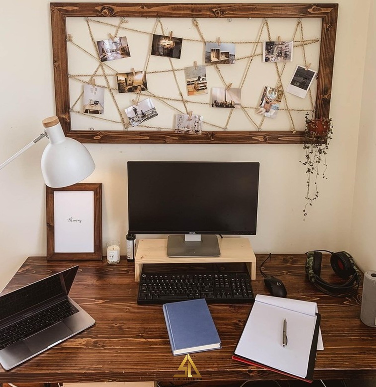 Decor phòng làm việc bằng cách sử dụng dây treo tranh ảnh mang ý nghĩa đặc biệt (Nguồn ảnh: sưu tầm)