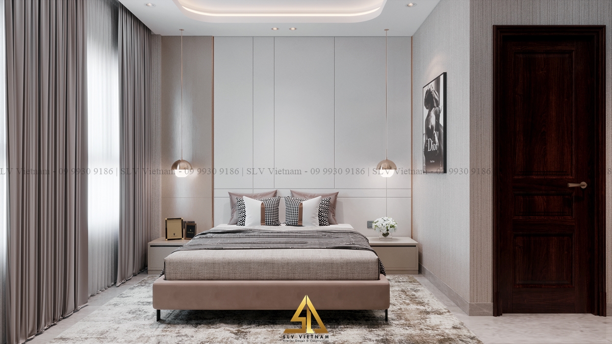 thiết kế nội thất phòng ngủ hiện đại với đèn ngủ dạng thả cân đối và thẩm mỹ (Nguồn ảnh: SLV Vietnam)