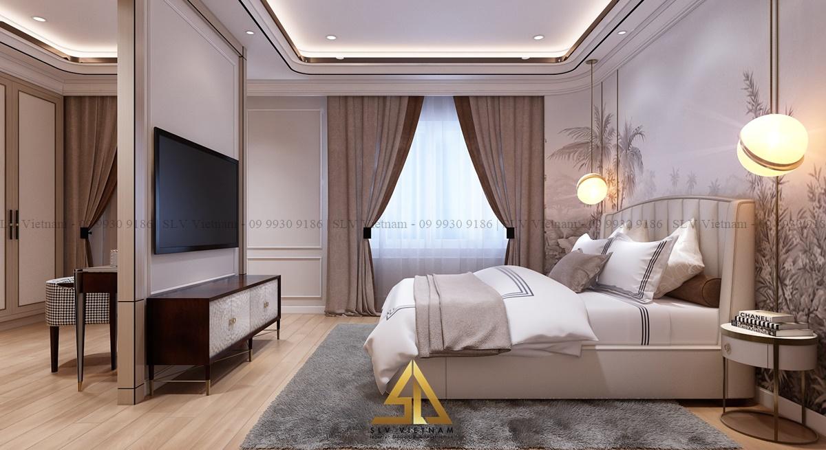 Điểm nhấn của căn phòng ngủ 15m2 là tranh vẽ tường ấn tượng (Dự án của SLV Vietnam)