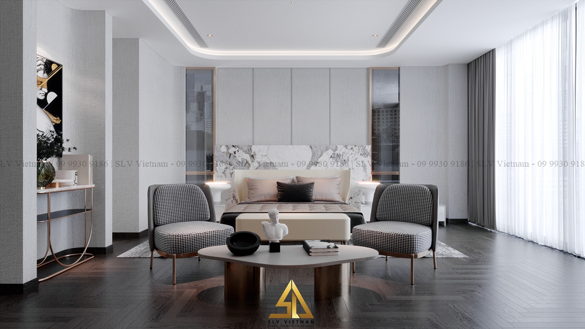 nội thất phòng ngủ 16m2 sử dụng ghế họa tiết trắng đen tạo điểm nhấn (Nguồn ảnh: SLV Vietnam)