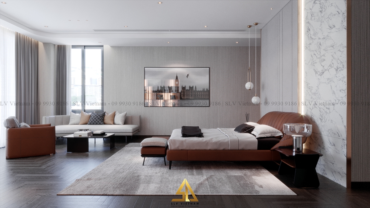 Ghế sofa màu cam đất đồng bộ với giường ngủ (Nguồn ảnh: SLV Vietnam)