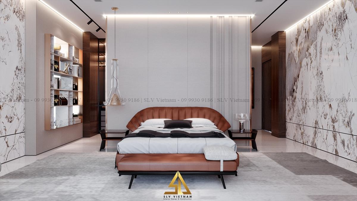 Bố trí nội thất phòn ngủ 16m2 sử dụng giường bọc da sang trọng (Nguồn ảnh: SLV Vietnam)