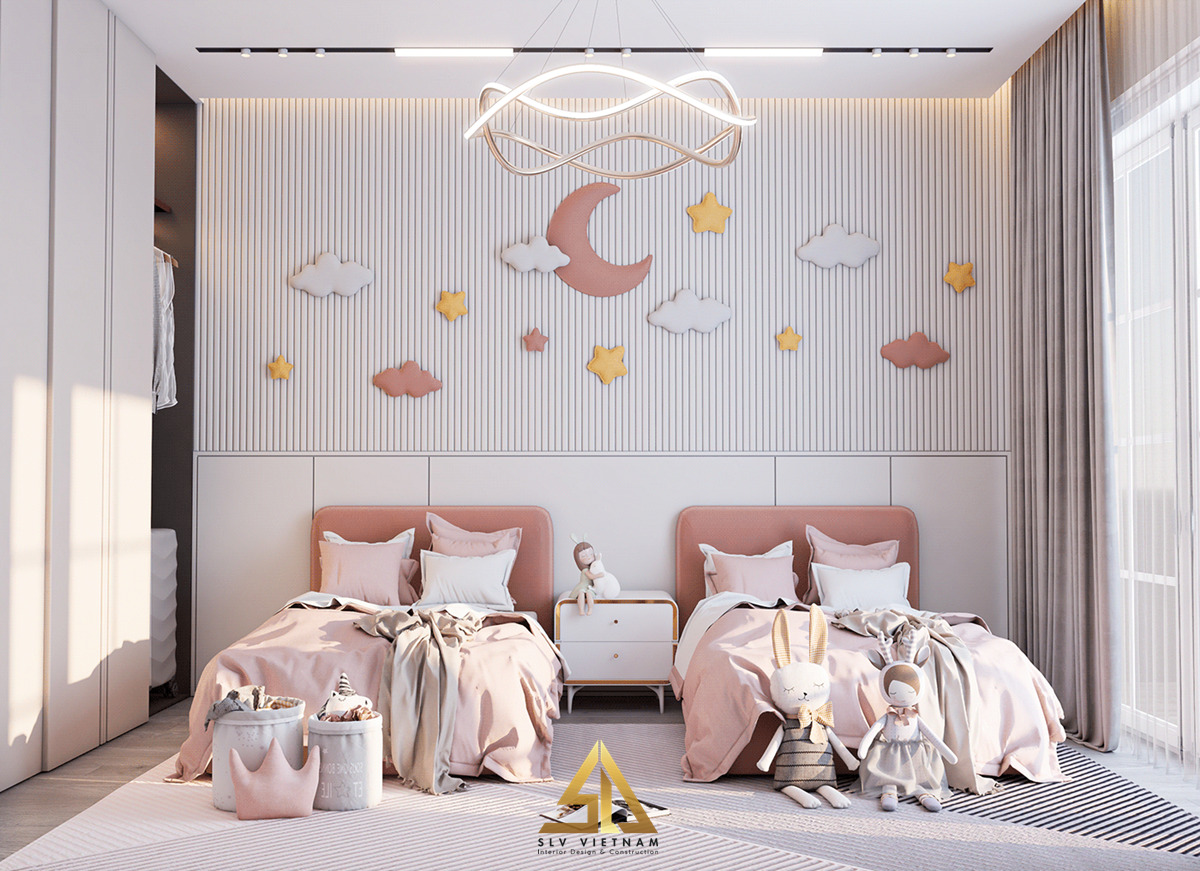 Giường đôi màu hồng dễ thương cho 2 bé (Nguồn ảnh: sưu tầm)