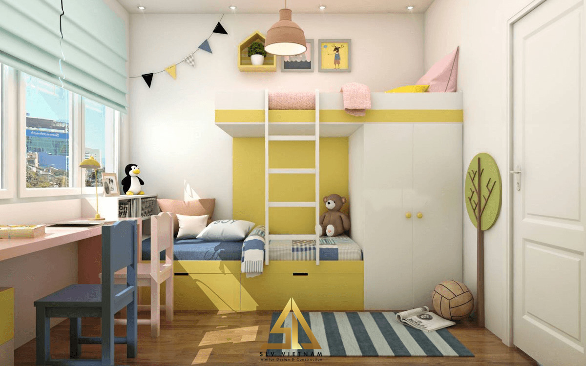 Giường tầng trẻ em với cửa sổ lớn, giúp phòng ngủ sáng và thông thoáng (Nguồn ảnh: sưu tầm)