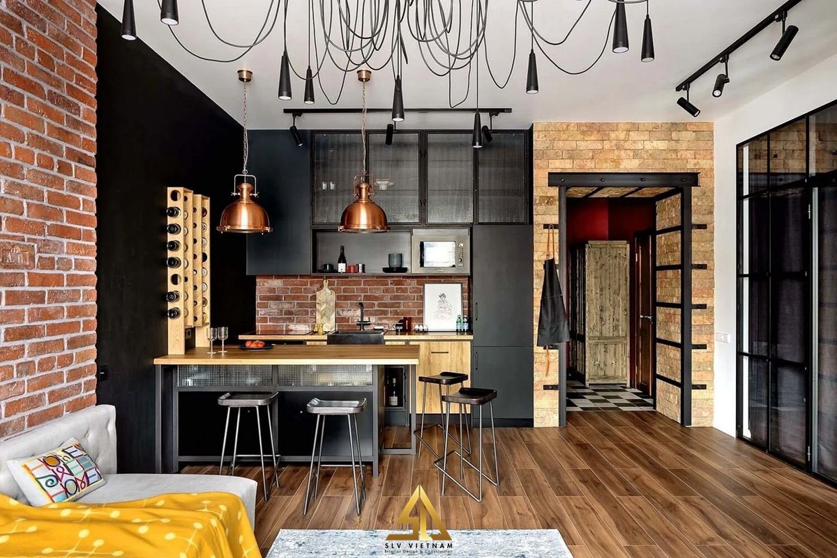 Gỗ kết hợp kim loại làm quầy bar tăng thêm độ bền