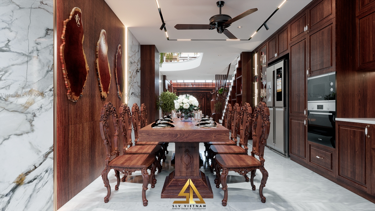 Bộ bàn ăn với họa tiết chạm khắc rồng phượng tinh tế, tỉ mỉ với chất liệu gỗ óc chó (Nguồn ảnh: SLV Vietnam)