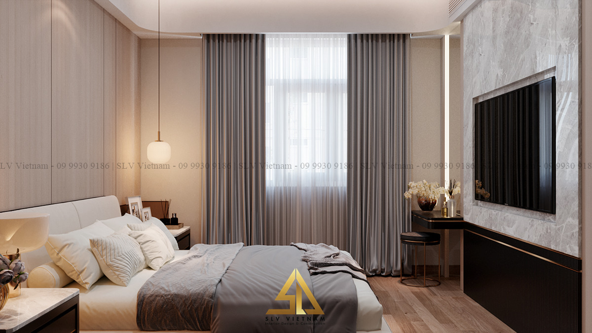trang trí phòng ngủ 16m2 với kệ tivi âm tường giúp tối ưu không gian (Dự án của SLV Vietnam)