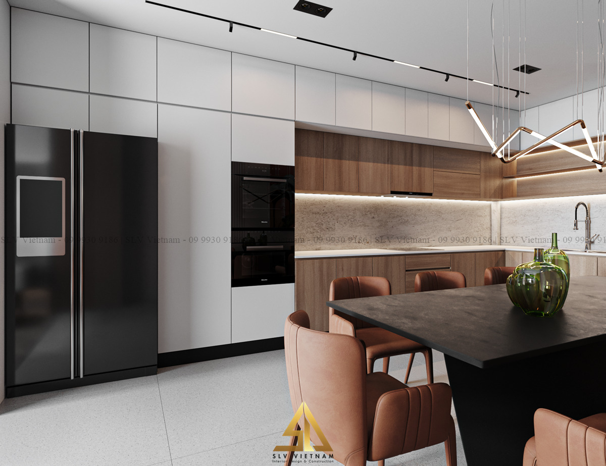 Kết hợp màu sắc và vật liệu độc đáo trong thiết kế nội thất phòng bếp chữ L(Dự án của SLV Vietnam)