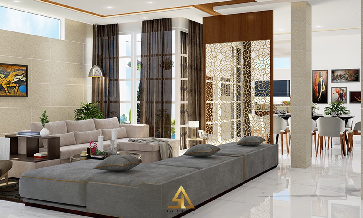 Vách ngăn giữa phòng khách và bếp thiết kế bằng công nghệ CNC