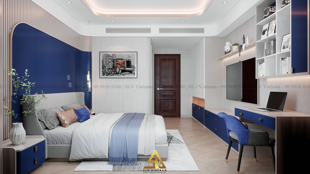 Mẫu phòng ngủ màu xanh trắng trẻ trung, năng động (Dự án của SLV Vietnam)