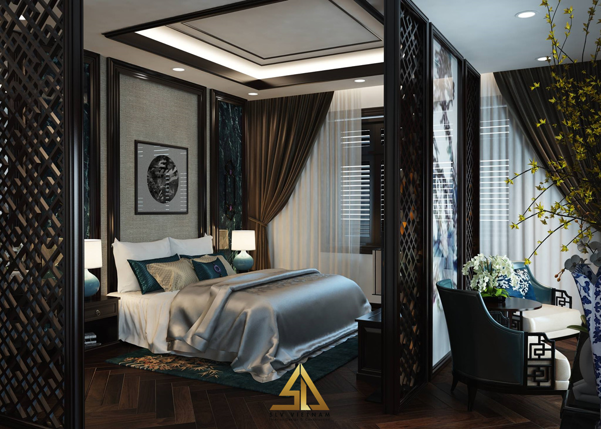 Mẫu thiết kế phòng ngủ vợ chồng 20m2 phong cách Á Đông (Nguồn ảnh: sưu tầm)