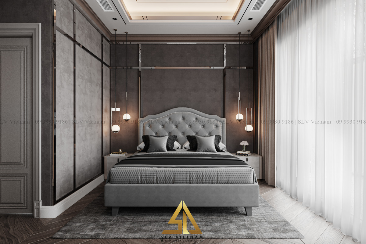 bố trí nội thất phòng ngủ 20m2 tông màu tối đầy ấn tượng (Dự án của SLV Vietnam)