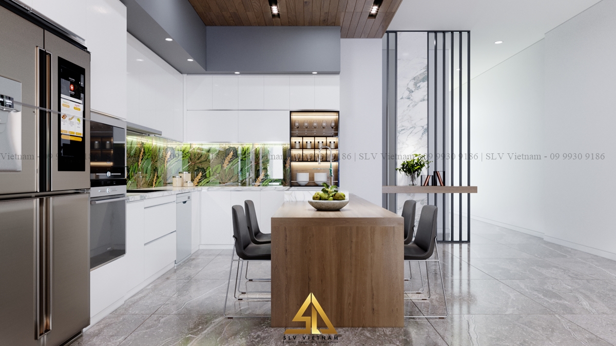 Trang thiết bị hiện đại như tủ lạnh, lò vi sóng và bếp điện được trang bị đầy đủ cho căn bếp (Nguồn ảnh: SLV Vietnam)