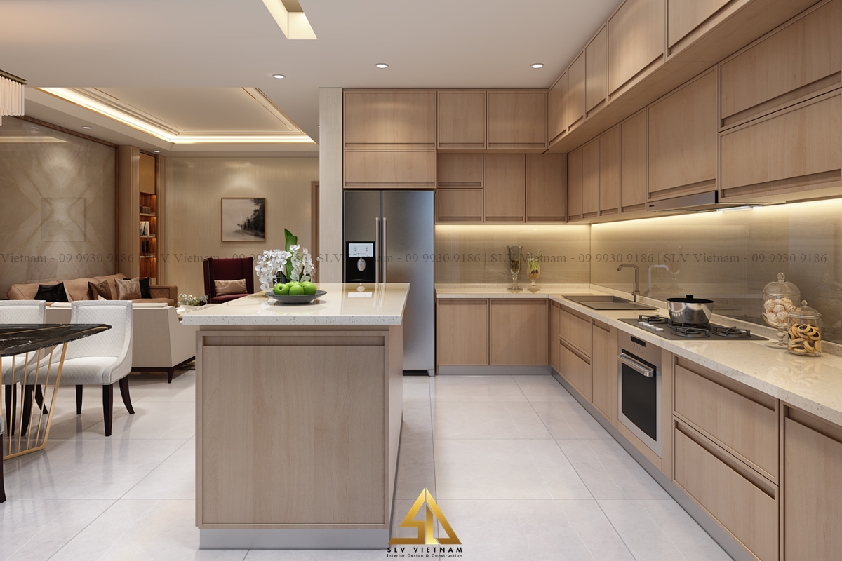 Bộ bàn ăn với tone màu trắng đặt cạnh phòng bếp làm nổi bật không gian bếp (Nguồn ảnh: SLV Vietnam)