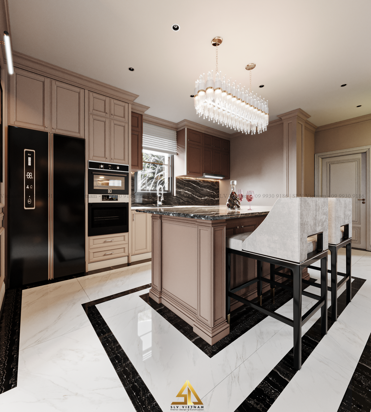 Đảo bếp được ốp đá marble màu đen sang trọng kết hợp với nội thất hiện đại (Nguồn ảnh: SLV Vietnam)