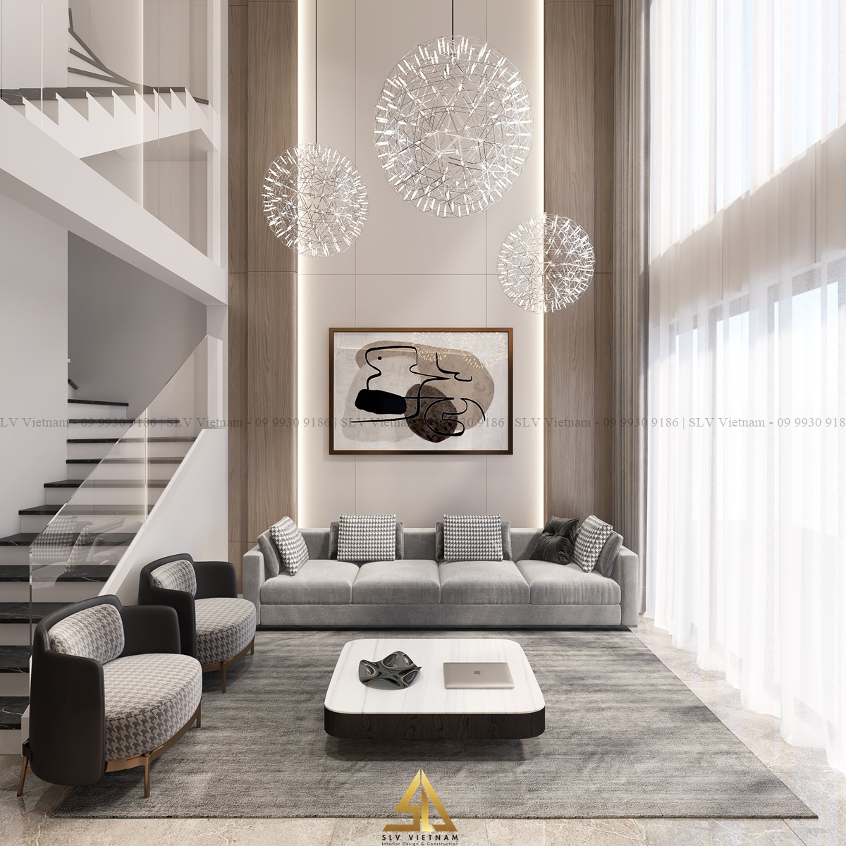 thiết kế nội thất phòng khách 30m2 đơn giản (Dự án của SLV Vietnam)