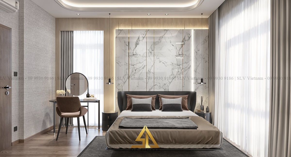 Ốp tường bằng đá vân tạo điểm nhấn cho căn phòng (Dự án của SLV Vietnam)