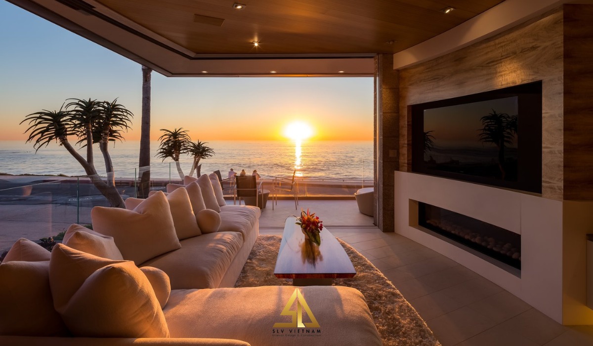 Phòng khách thông thoáng view biển ngắm hoàng hôn đẹp