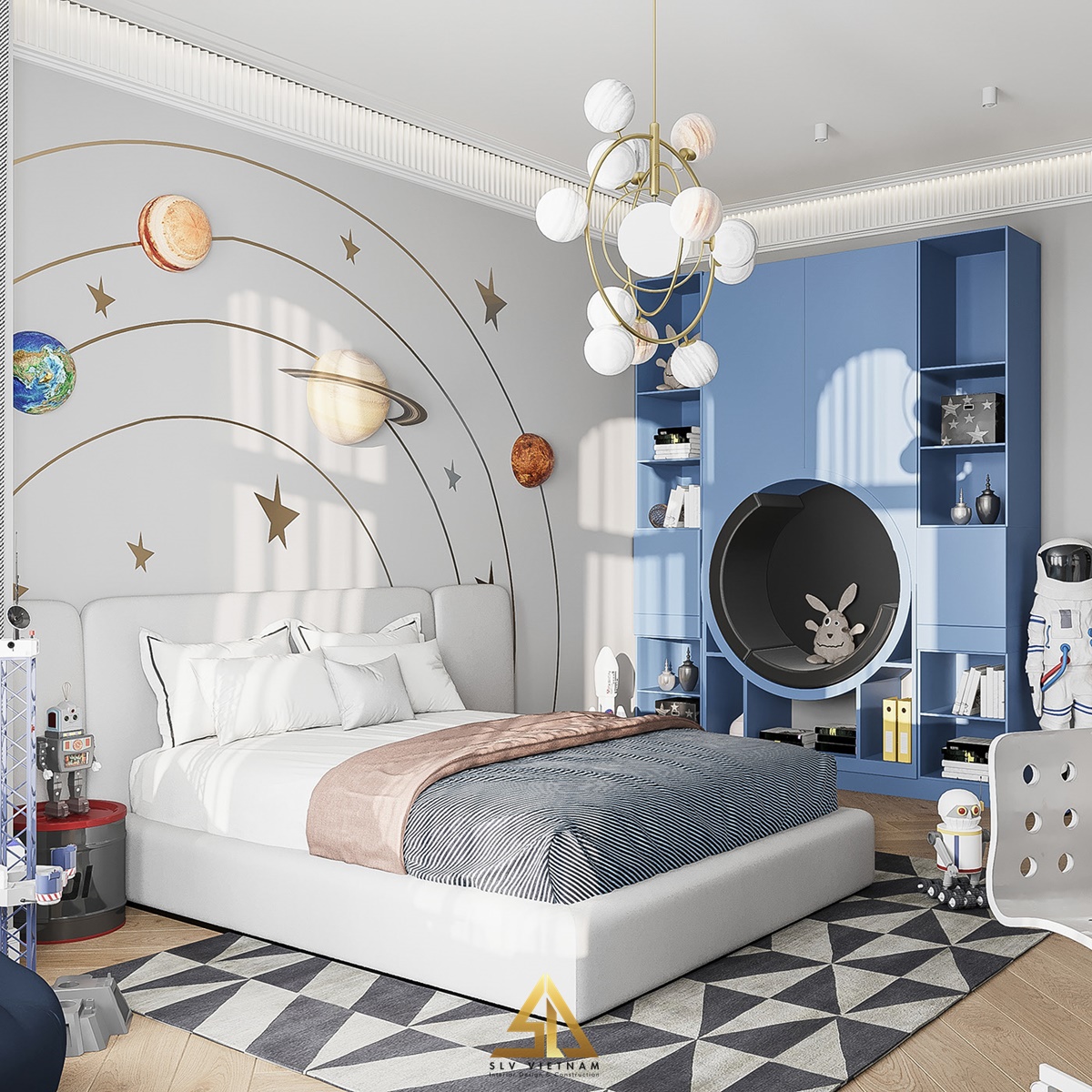thiết kế nội thất phòng ngủ 20m2 có họa tiết hoạt hình sinh động (Nguồn ảnh: sưu tầm)
