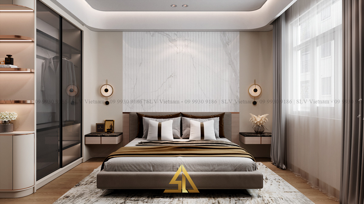 nội thất phòng ngủ 16m2 được thiết kế đối xứng (Dự án của SLV Vietnam)
