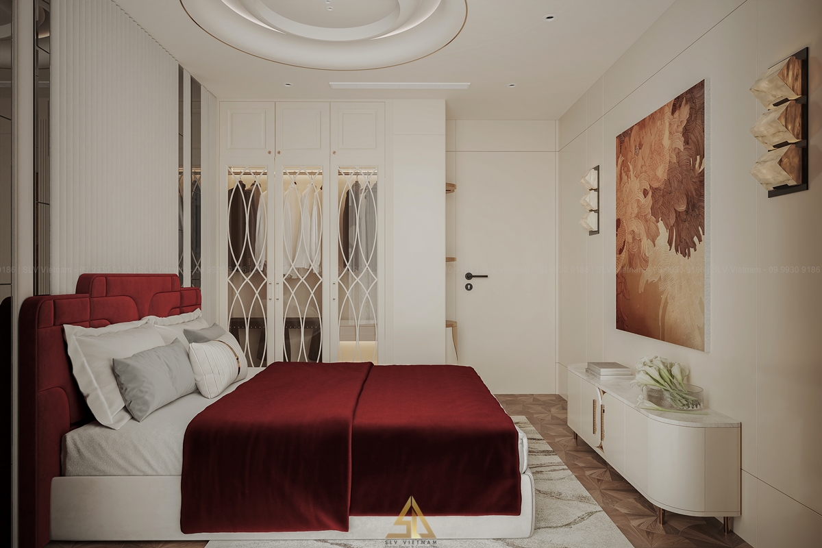 Mẫu 2: Sử dụng nội thất màu đỏ đô làm điểm nhấn cho căn phòng (Nguồn ảnh: SLV Vietnam)