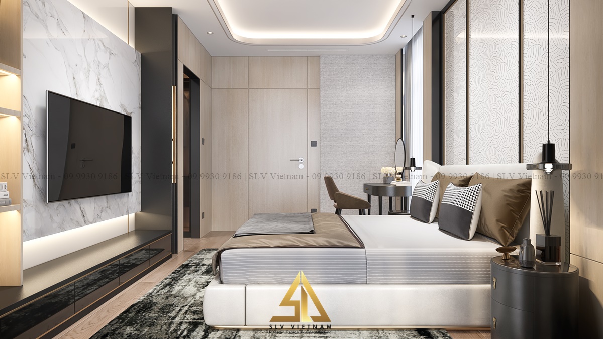 Phòng ngủ sang trọng sử dụng đồ nội thất bằng gỗ và đá (Dự án của SLV Vietnam)