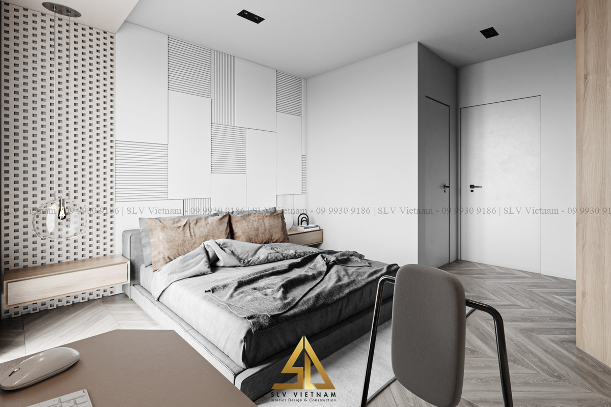 Phòng ngủ sử dụng gam màu xám và trắng nhẹ nhàng (Dự án của SLV Vietnam)
