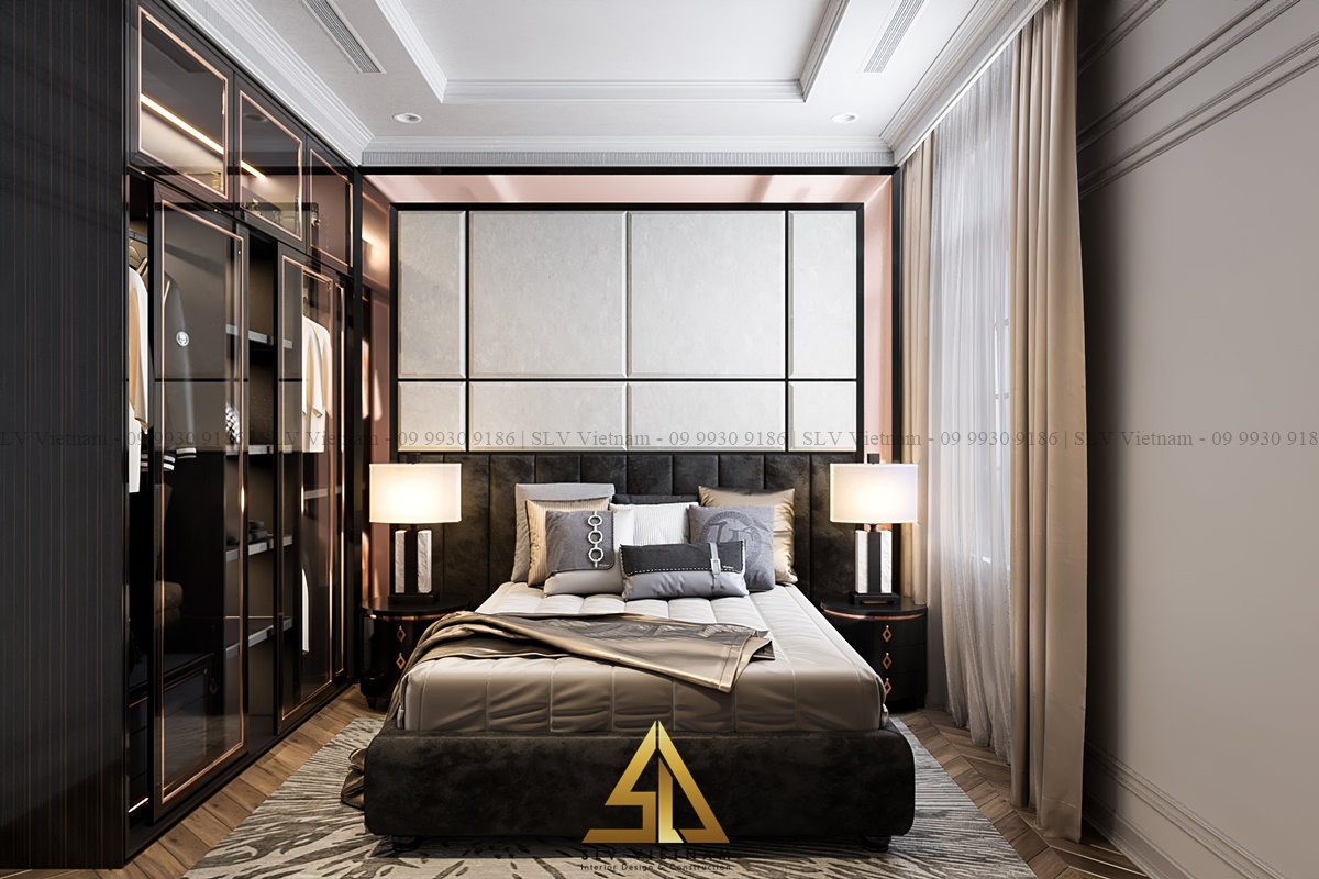 thiết kế nội thất phòng ngủ 20m2 phong cách tân cổ điển đẳng cấp (Dự án của SLV Vietnam)