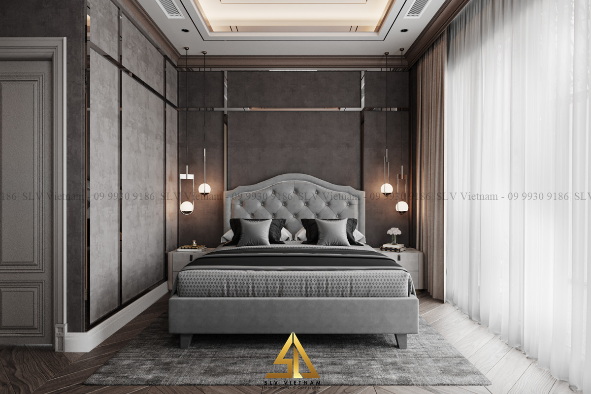 thiết kế nội thất phòng ngủ 15m2 tone xám cuốn hút (Dự án của SLV Vietnam)