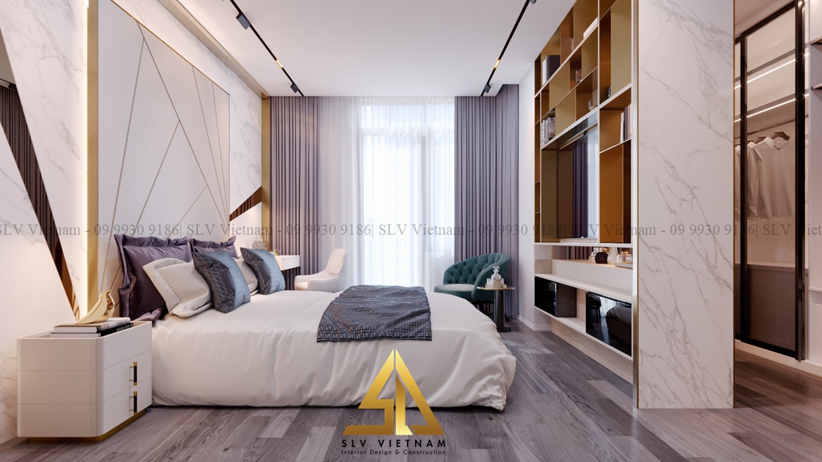 Phòng ngủ vợ chồng với sự kết hợp của chất liệu đá và kim loại (Dự án của SLV Vietnam)