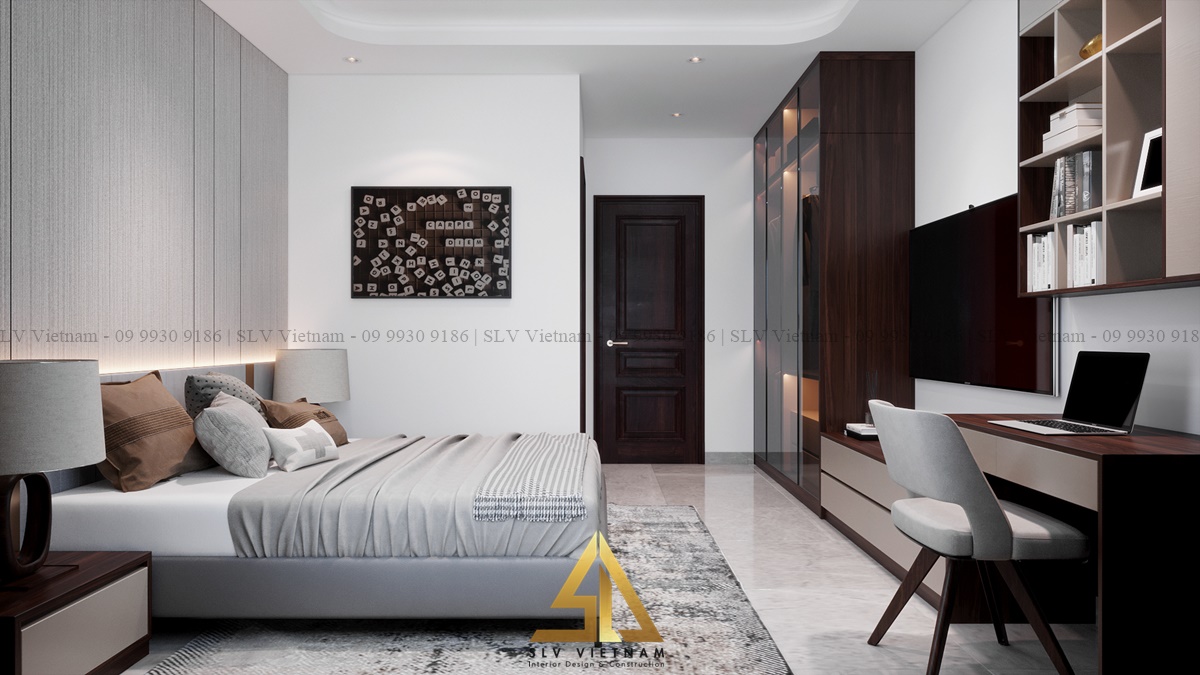 thiết kế nội thất phòng ngủ 20m2 có phòng vệ sinh đặt bên cạnh cửa ra vào (Dự án của SLV Vietnam)