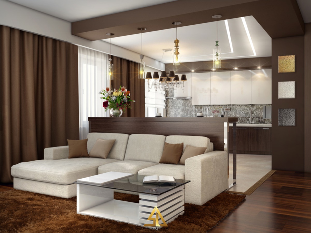 Quầy bar có đèn trần thiết kế nhã nhặn