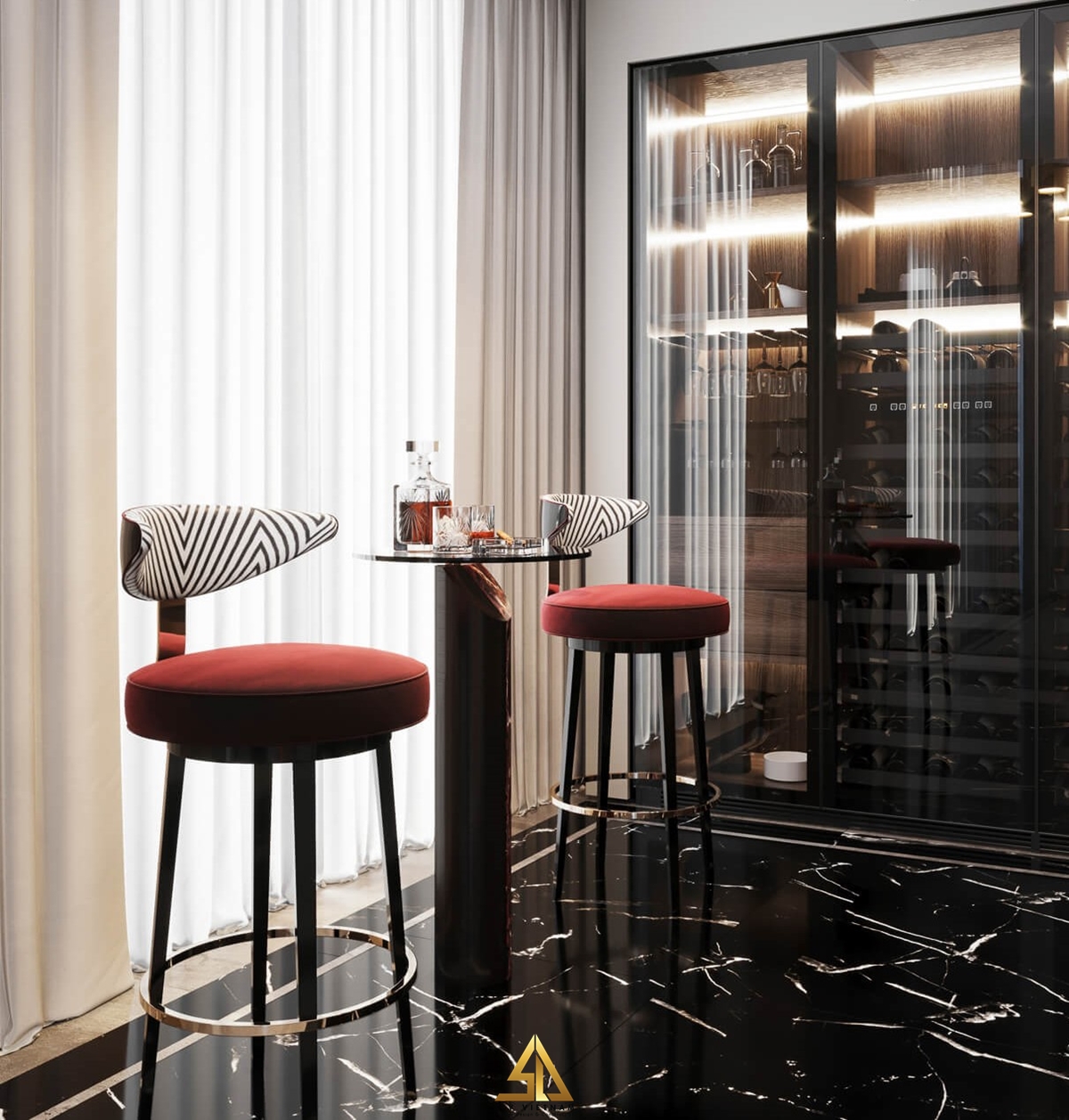 Quầy bar màu đỏ ấn tượng