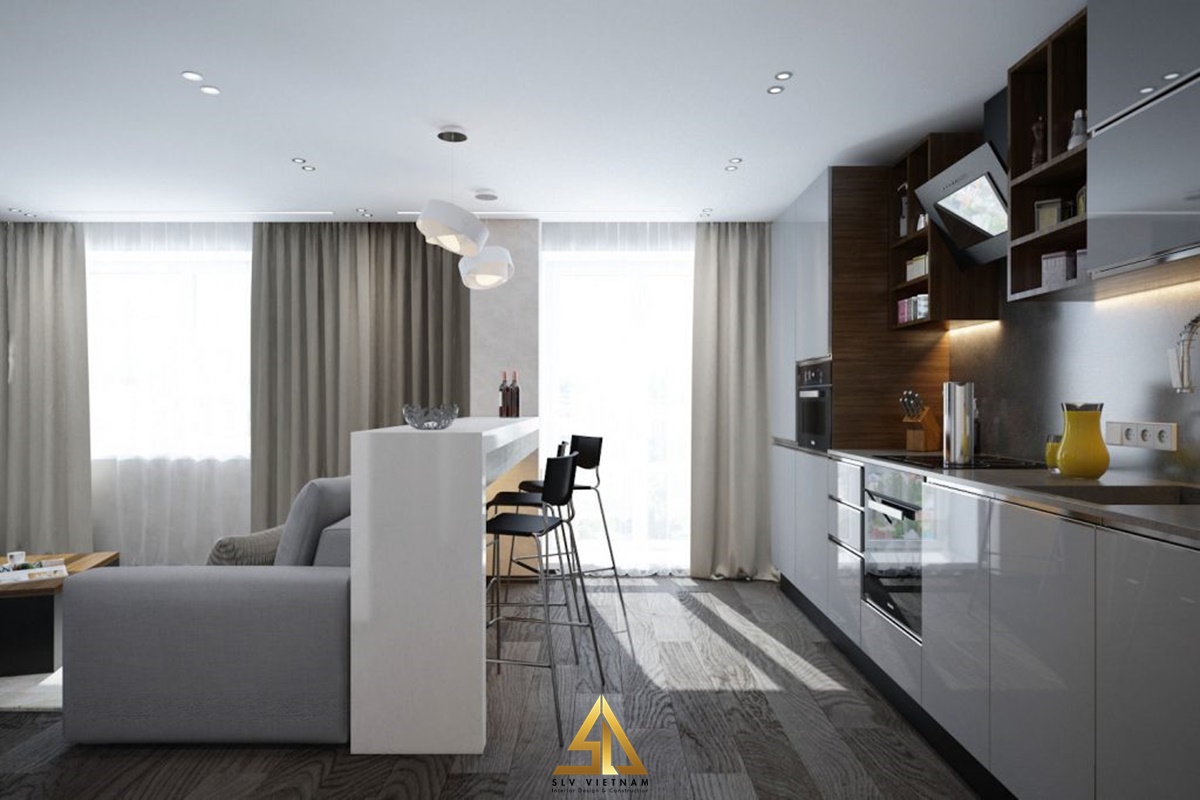 Quầy bar sau ghế sofa giúp bạn có thể xem tivi thư giãn