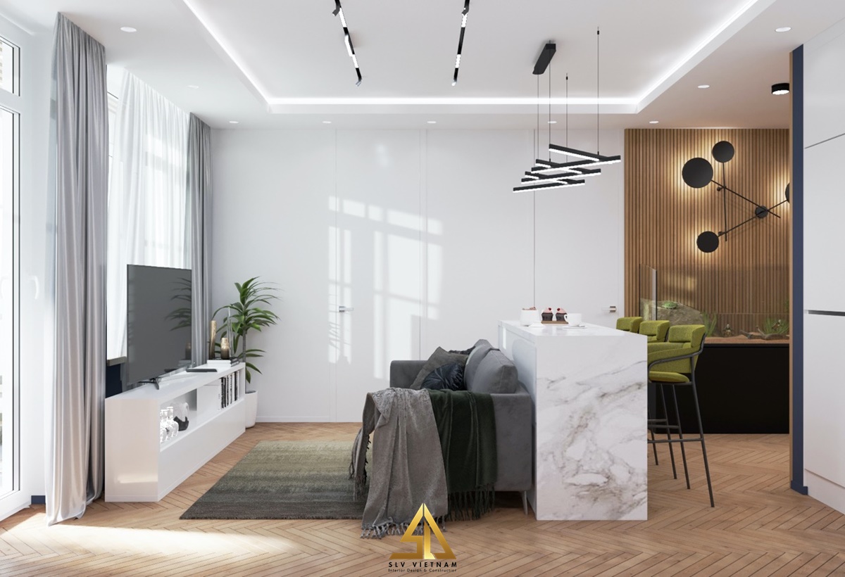Quầy bar tạo vách tựa ghế sofa cho không gian nhỏ