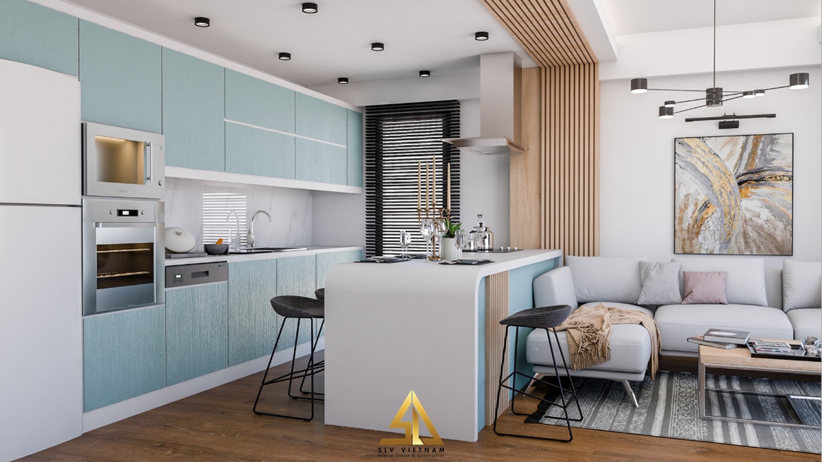 Quầy bar tông trắng phù hợp với màu tường