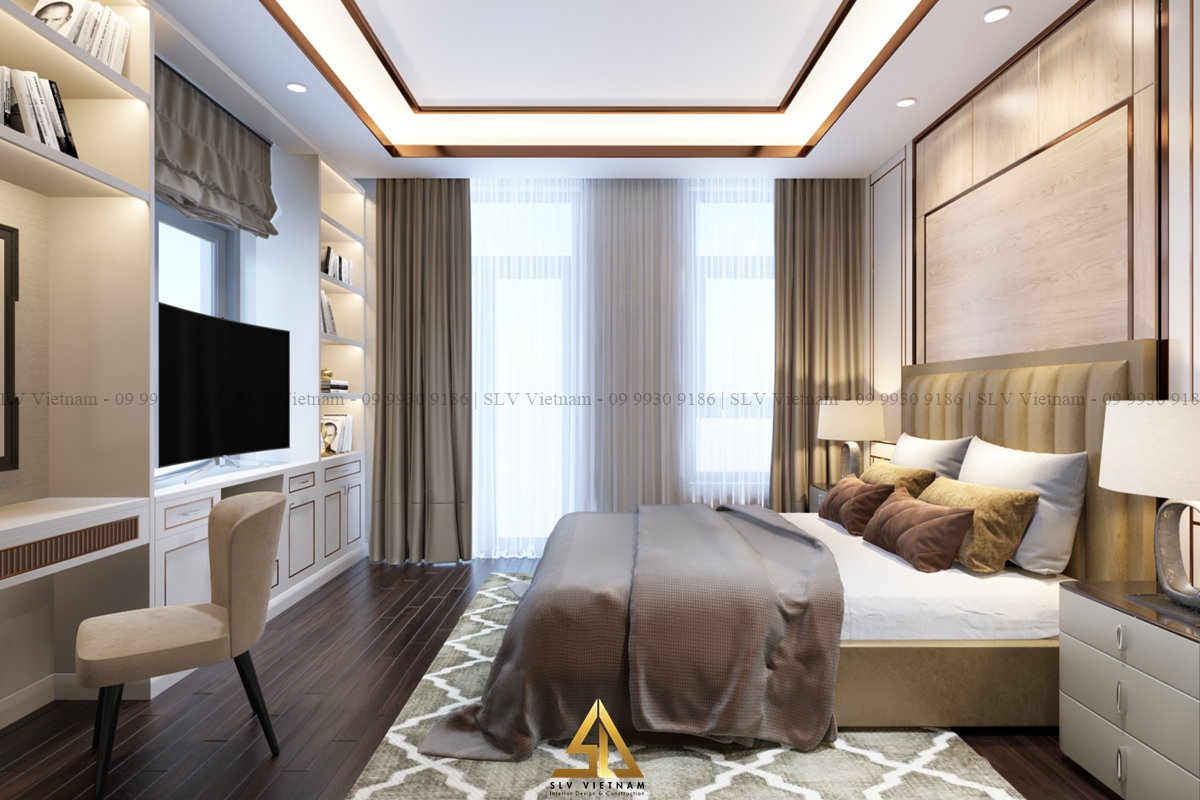 thiết kế phòng ngủ 16m2 sử dụng sàn nhà, rèm cửa tông trầm cổ điển (Nguồn ảnh: SLV Vietnam)