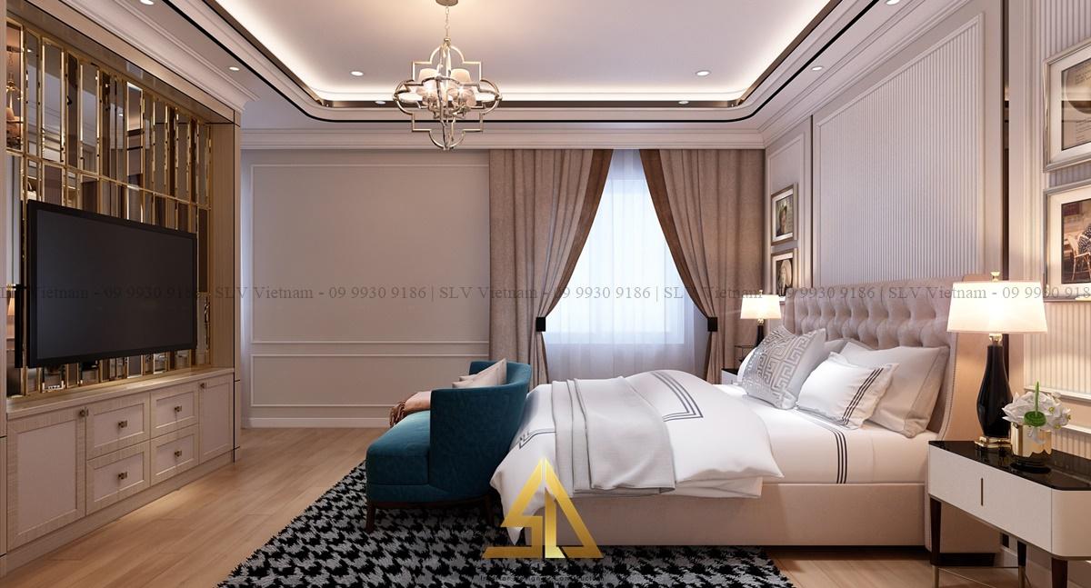 Sofa màu xanh nổi bật trong không gian phòng ngủ 20m2(Dự án của SLV Vietnam)