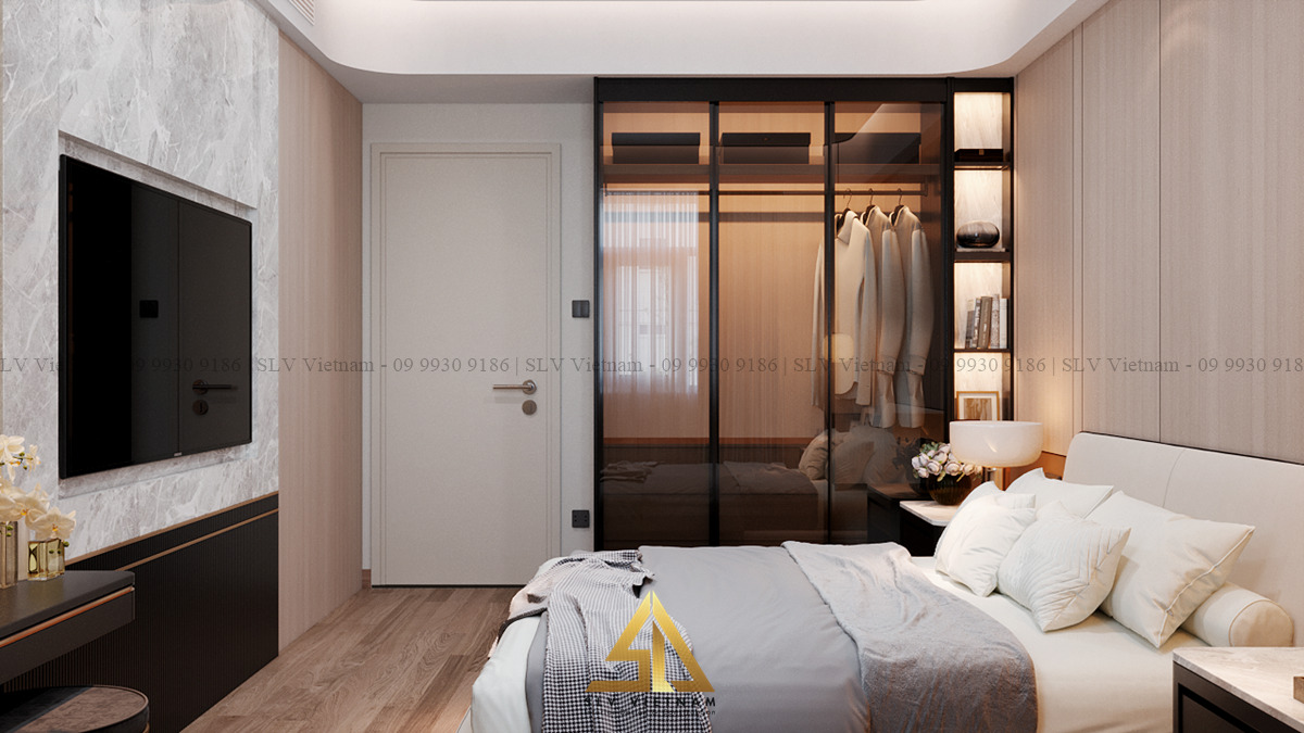 thiết kế phòng ngủ 16m2 sử dụng ánh sáng vàng cho phòng ngủ (Dự án của SLV Vietnam)